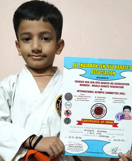 Kiaan Swamy from Sr.KG-F earned his Orange Belt in All India Kan- Zen- Ryu Karate-Do Association